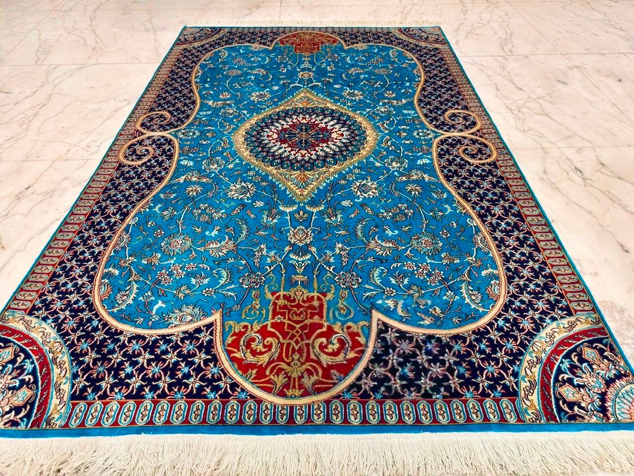 Hand-knotted Kashmiri pure silk rug in Capri Blue Dachigam pattern with elegant Blue highlights. 6x4 feet, 972,000 knots.