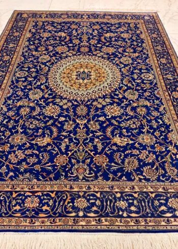 Hand-knotted Kashmiri pure silk rug in Crown Sapphire Nain pattern with elegant Blue highlights. 6x4 feet, 972,000 knots.