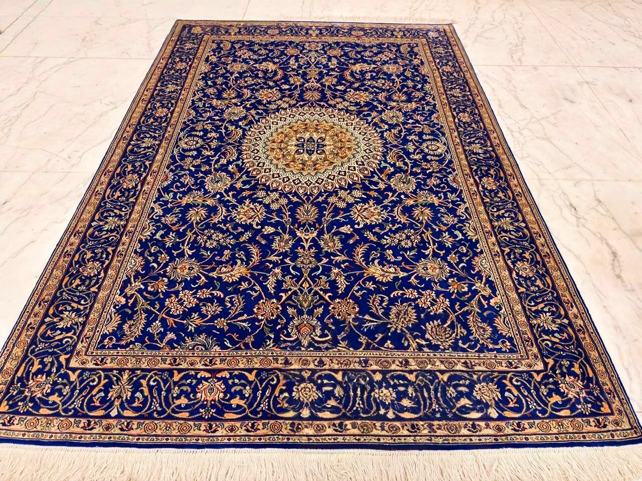 Hand-knotted Kashmiri pure silk rug in Crown Sapphire Nain pattern with elegant Blue highlights. 6x4 feet, 972,000 knots.