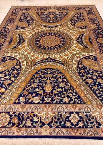 Hand-knotted Kashmiri pure silk rug in Dark Knight Bakhshaish pattern with elegant Blue highlights. 6x4 feet, 972,000 knots.