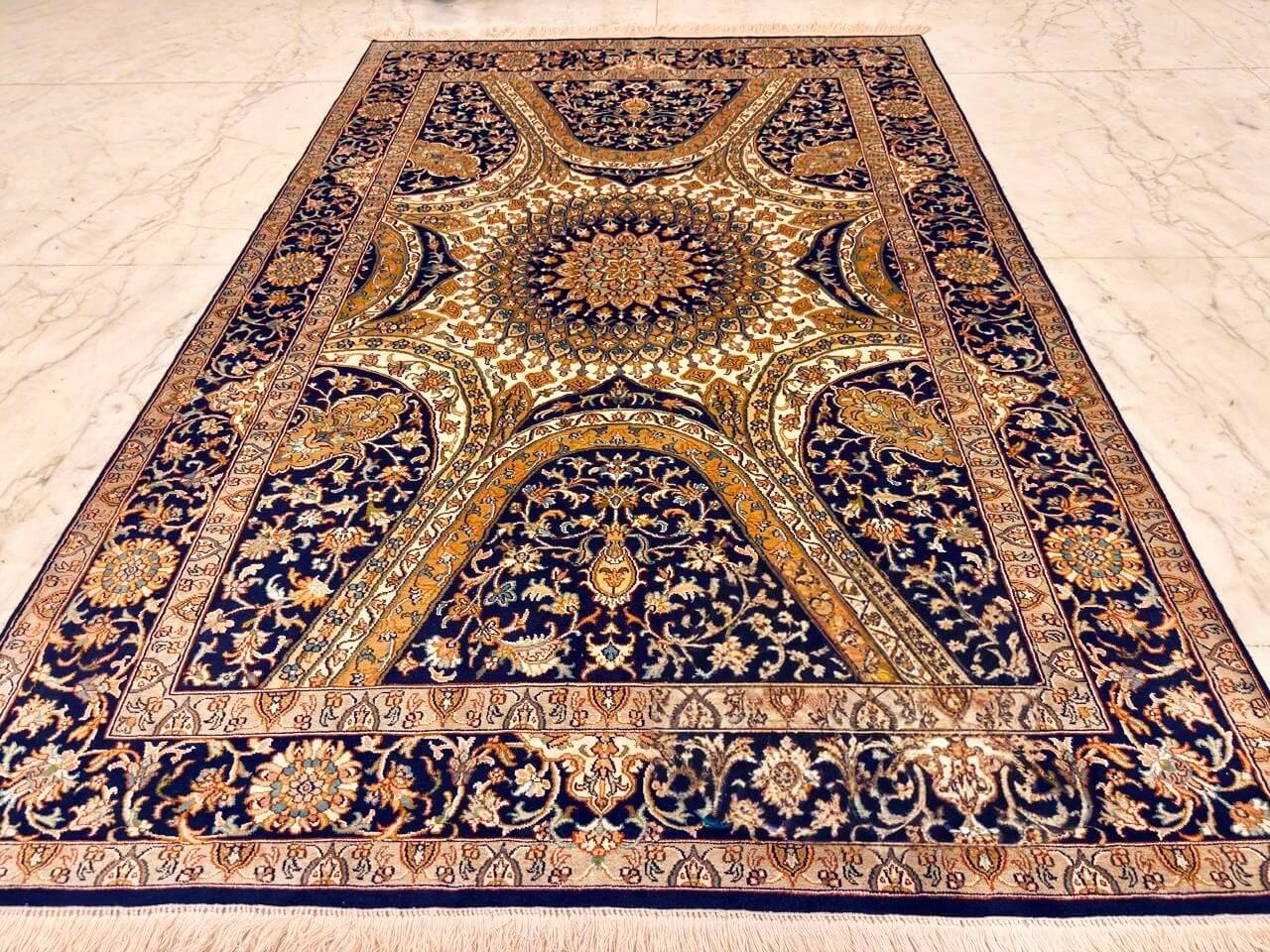 Hand-knotted Kashmiri pure silk rug in Dark Knight Bakhshaish pattern with elegant Blue highlights. 6x4 feet, 972,000 knots.