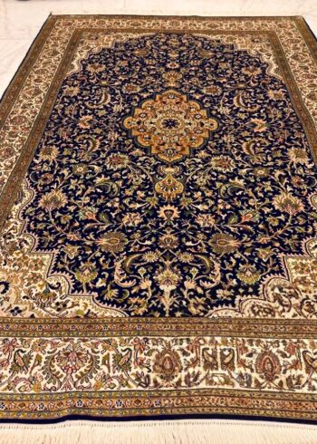 Hand-knotted Kashmiri pure silk rug in Denim Blue Isfahan pattern with elegant Ivory highlights. 6x4 feet, 972,000 knots.