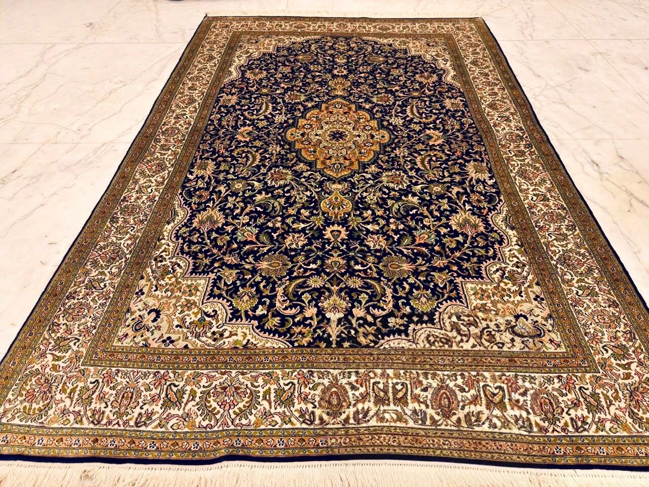 Hand-knotted Kashmiri pure silk rug in Denim Blue Isfahan pattern with elegant Ivory highlights. 6x4 feet, 972,000 knots.