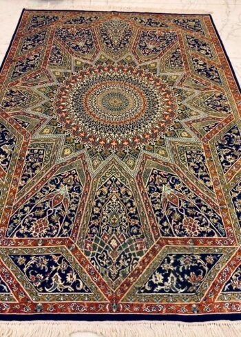 Hand-knotted Kashmiri pure silk rug in Ember Navy Bakhshaish pattern with elegant Olive highlights. 6x4 feet, 972,000 knots.