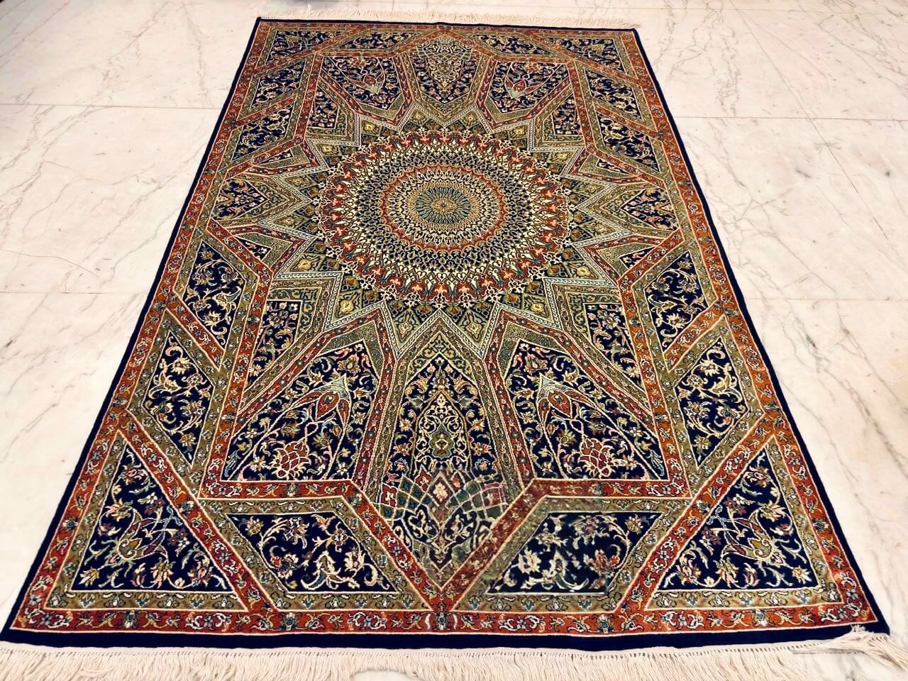 Hand-knotted Kashmiri pure silk rug in Ember Navy Bakhshaish pattern with elegant Olive highlights. 6x4 feet, 972,000 knots.
