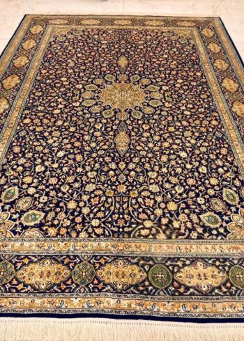 Hand-knotted Kashmiri pure silk rug in Imperial Jewel Ardabil pattern with elegant Ivory highlights. 6x4 feet, 972,000 knots.