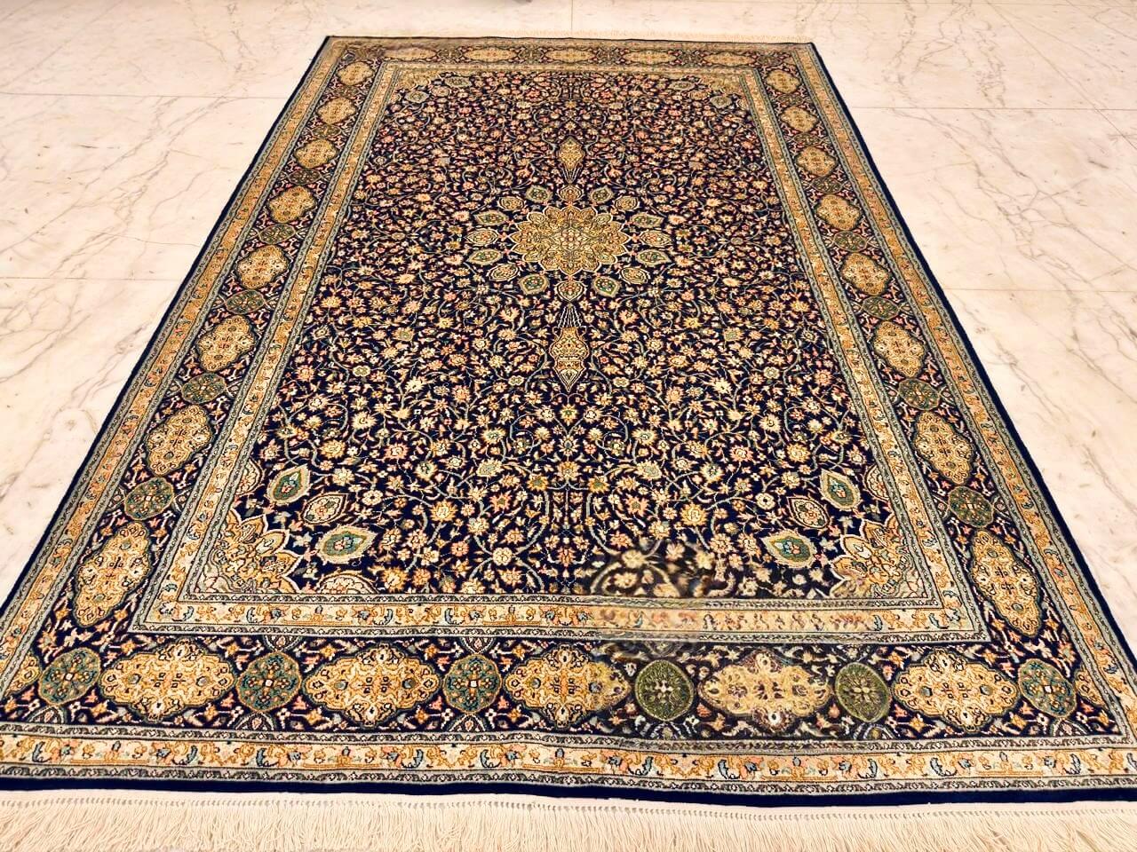 Imperial Jewel Ardabil Hand-Knotted Pure Silk Rug Hand-knotted Kashmiri pure silk rug in Imperial Jewel Ardabil pattern with elegant Ivory highlights. 6x4 feet, 972,000 knots.