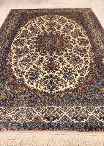 Hand-knotted Kashmiri pure silk rug in Ivory Cream Mashhad pattern with elegant Ivory highlights. 6x4 feet, 972,000 knots.