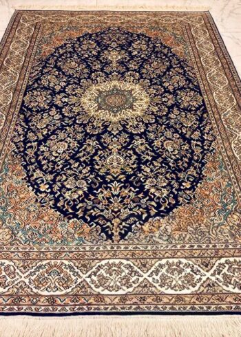 Hand-knotted Kashmiri pure silk rug in Midnight Blue Seirafian pattern with elegant Blue highlights. 6x4 feet, 972,000 knots.