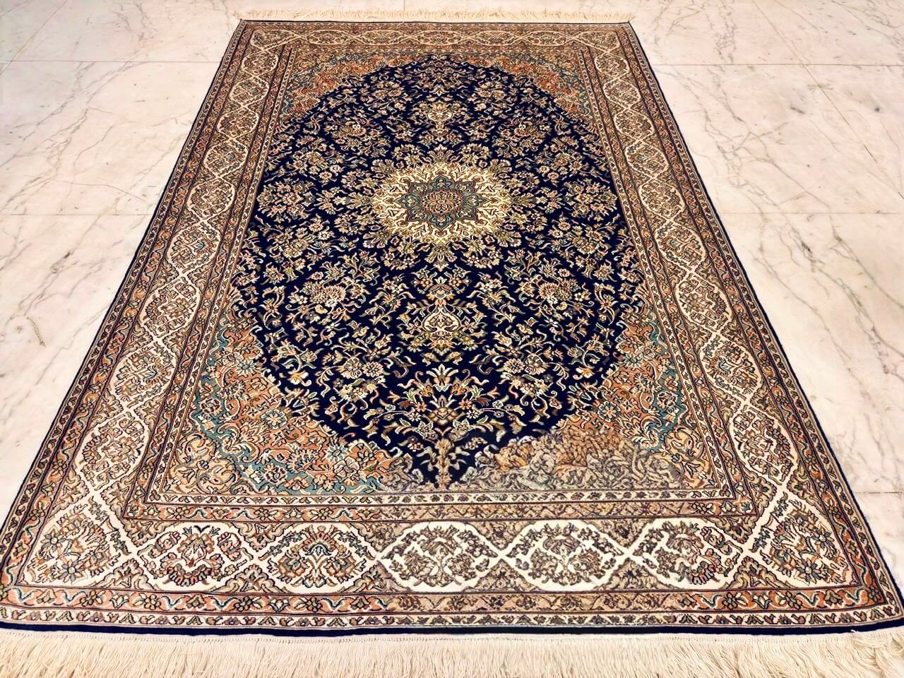 Hand-knotted Kashmiri pure silk rug in Midnight Blue Seirafian pattern with elegant Blue highlights. 6x4 feet, 972,000 knots.