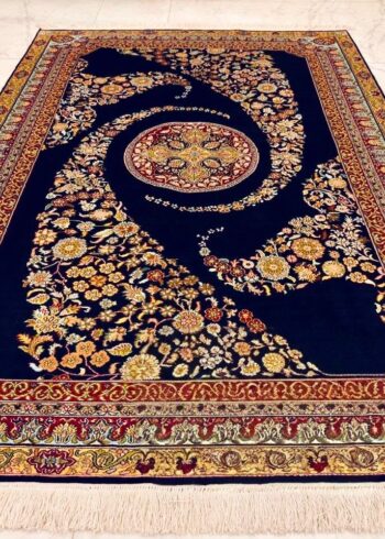 Hand-knotted Kashmiri pure silk rug in Midnight Navy Jamavar pattern with elegant Blue highlights. 6x4 feet, 972,000 knots.