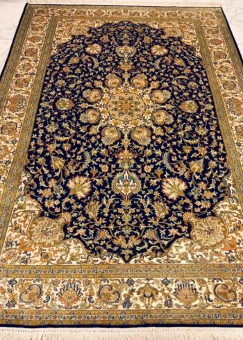 Hand-knotted Kashmiri pure silk rug in Monaco Midnight Kashan pattern with elegant Blue highlights. 6x4 feet, 972,000 knots.