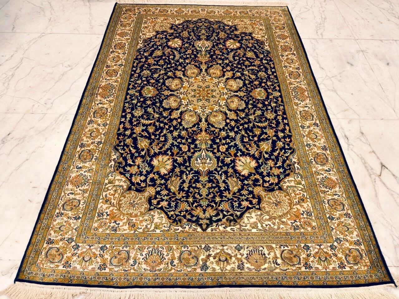 Hand-knotted Kashmiri pure silk rug in Monaco Midnight Kashan pattern with elegant Blue highlights. 6x4 feet, 972,000 knots.