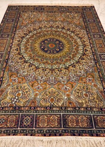 Hand-knotted Kashmiri pure silk rug in Multi-color Bakhshaish pattern with elegant Orange highlights. 6x4 feet, 972,000 knots.