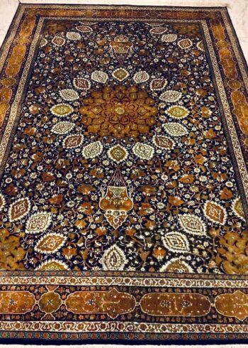 Hand-knotted Kashmiri pure silk rug in Navy Bronze Ardabil pattern with elegant Mustard highlights. 6x4 feet, 972,000 knots.
