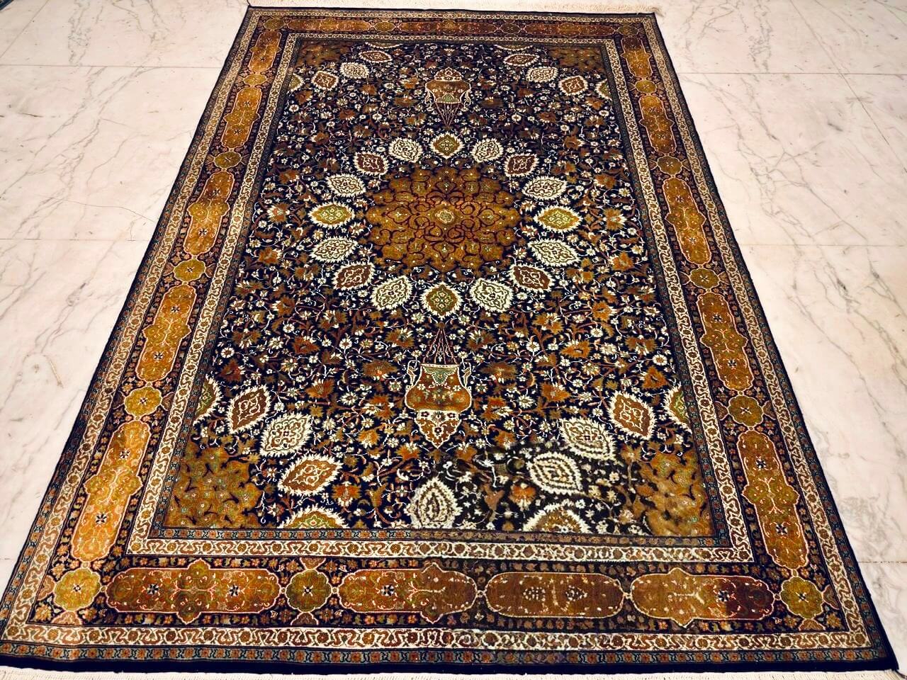 Hand-knotted Kashmiri pure silk rug in Navy Bronze Ardabil pattern with elegant Mustard highlights. 6x4 feet, 972,000 knots.