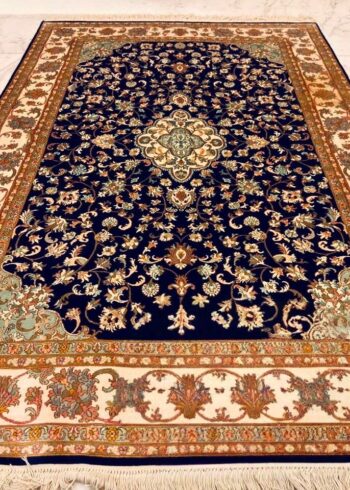 Hand-knotted Kashmiri pure silk rug in Obsidian Ivory Tabriz pattern with elegant Blue highlights. 6x4 feet, 972,000 knots.