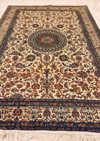Hand-knotted Kashmiri pure silk rug in Palace Ivory Nain pattern with elegant Ivory highlights. 6x4 feet, 972,000 knots.