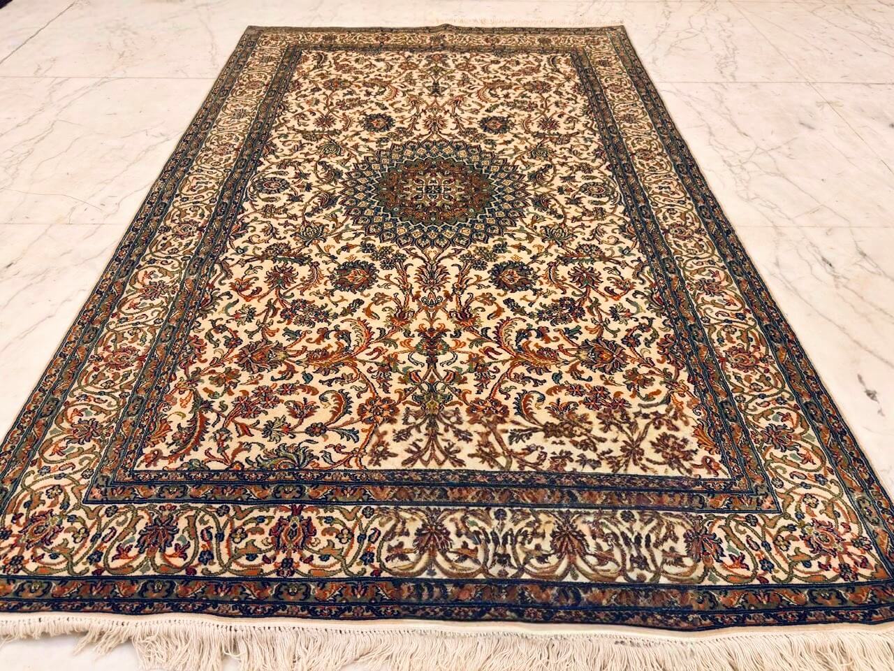 Hand-knotted Kashmiri pure silk rug in Palace Ivory Nain pattern with elegant Ivory highlights. 6x4 feet, 972,000 knots.