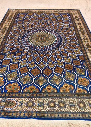 Hand-knotted Kashmiri pure silk rug in Persian Blue Shahzaneen pattern with elegant Blue highlights. 6x4 feet, 972,000 knots.