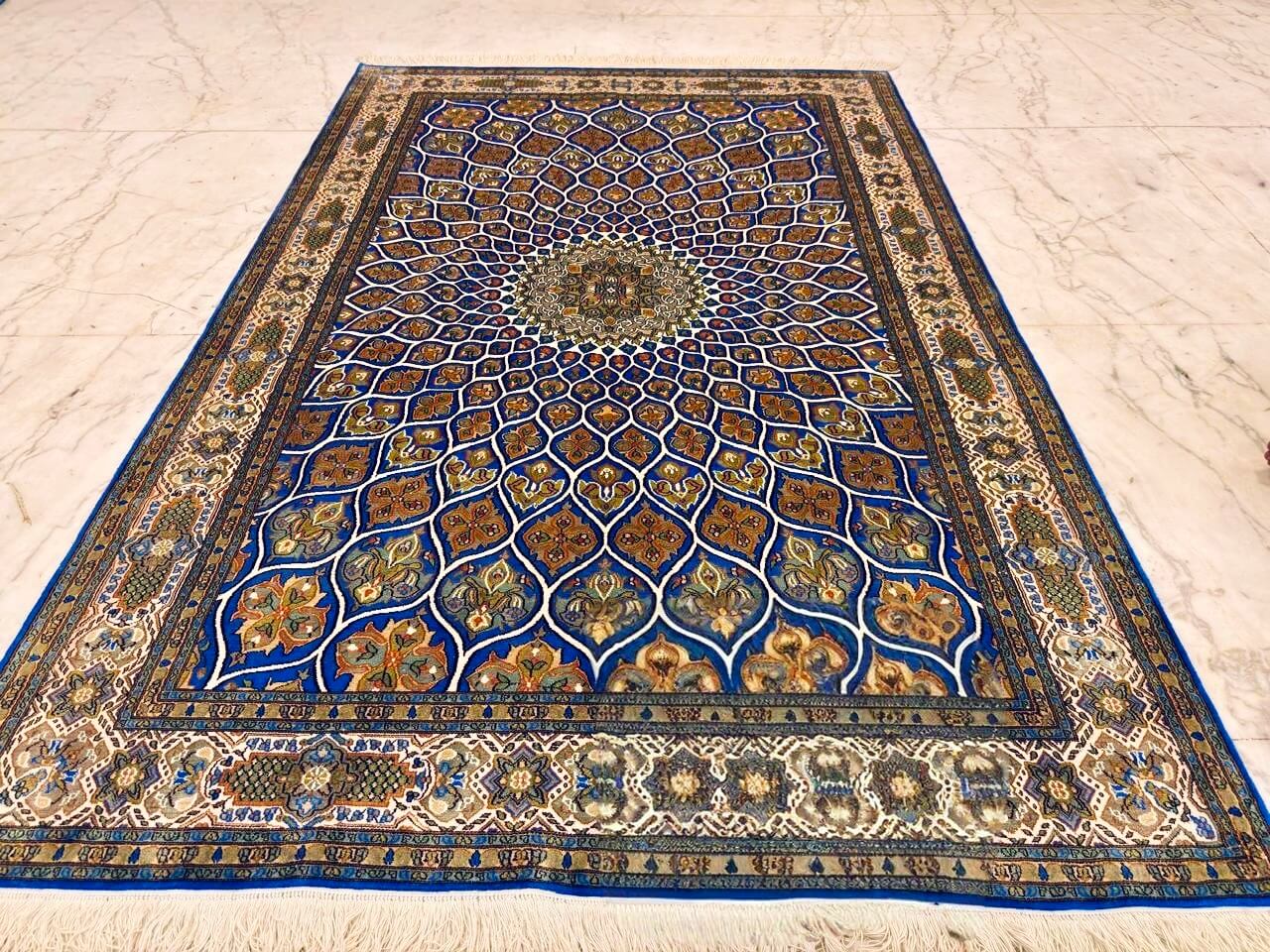 Persian Blue Shahzaneen Hand-Knotted Pure Silk Rug Hand-knotted Kashmiri pure silk rug in Persian Blue Shahzaneen pattern with elegant Blue highlights. 6x4 feet, 972,000 knots.