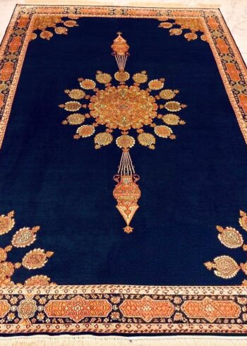 Hand-knotted Kashmiri pure silk rug in Royal Blue Kerman Shah pattern with elegant Blue highlights. 6x4 feet, 972,000 knots.