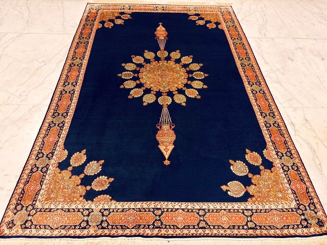 Hand-knotted Kashmiri pure silk rug in Royal Blue Kerman Shah pattern with elegant Blue highlights. 6x4 feet, 972,000 knots.