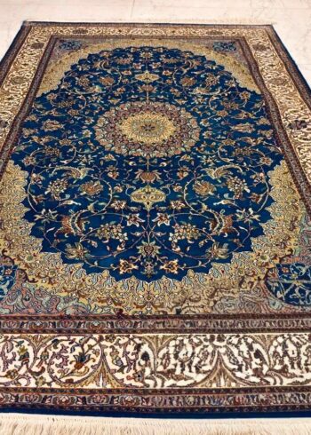 Hand-knotted Kashmiri pure silk rug in Royal Blue Sabzevar pattern with elegant Blue highlights. 6x4 feet, 972,000 knots.