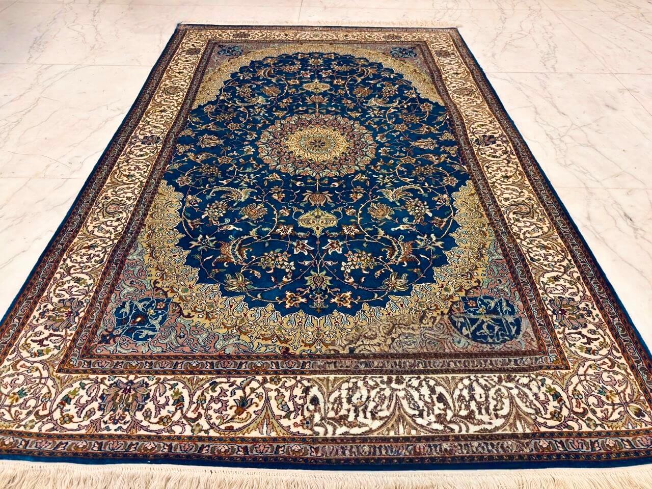 Hand-knotted Kashmiri pure silk rug in Royal Blue Sabzevar pattern with elegant Blue highlights. 6x4 feet, 972,000 knots.