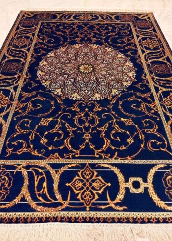 Hand-knotted Kashmiri pure silk rug in Royal Blue Sarouk pattern with elegant Blue highlights. 6x4 feet, 972,000 knots.