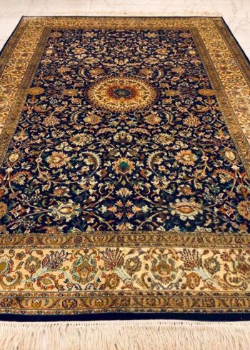 Hand-knotted Kashmiri pure silk rug in Sapphire Blue Nain pattern with elegant Blue highlights. 6x4 feet, 972,000 knots.