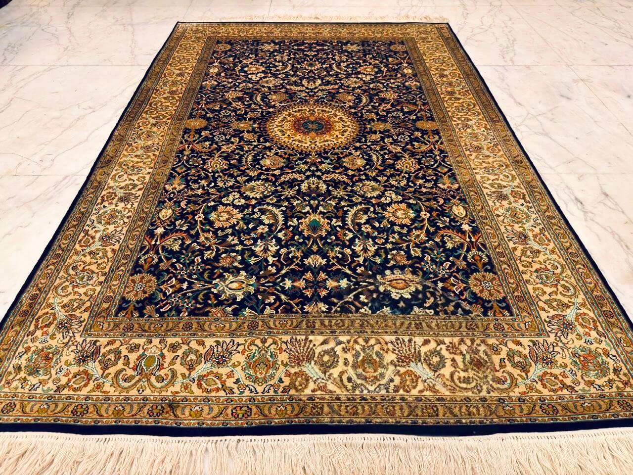 Hand-knotted Kashmiri pure silk rug in Sapphire Blue Nain pattern with elegant Blue highlights. 6x4 feet, 972,000 knots.
