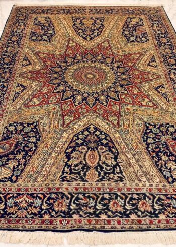Hand-knotted Kashmiri pure silk rug in Scarlet Star Kashan pattern with elegant Blue highlights. 6x4 feet, 972,000 knots.