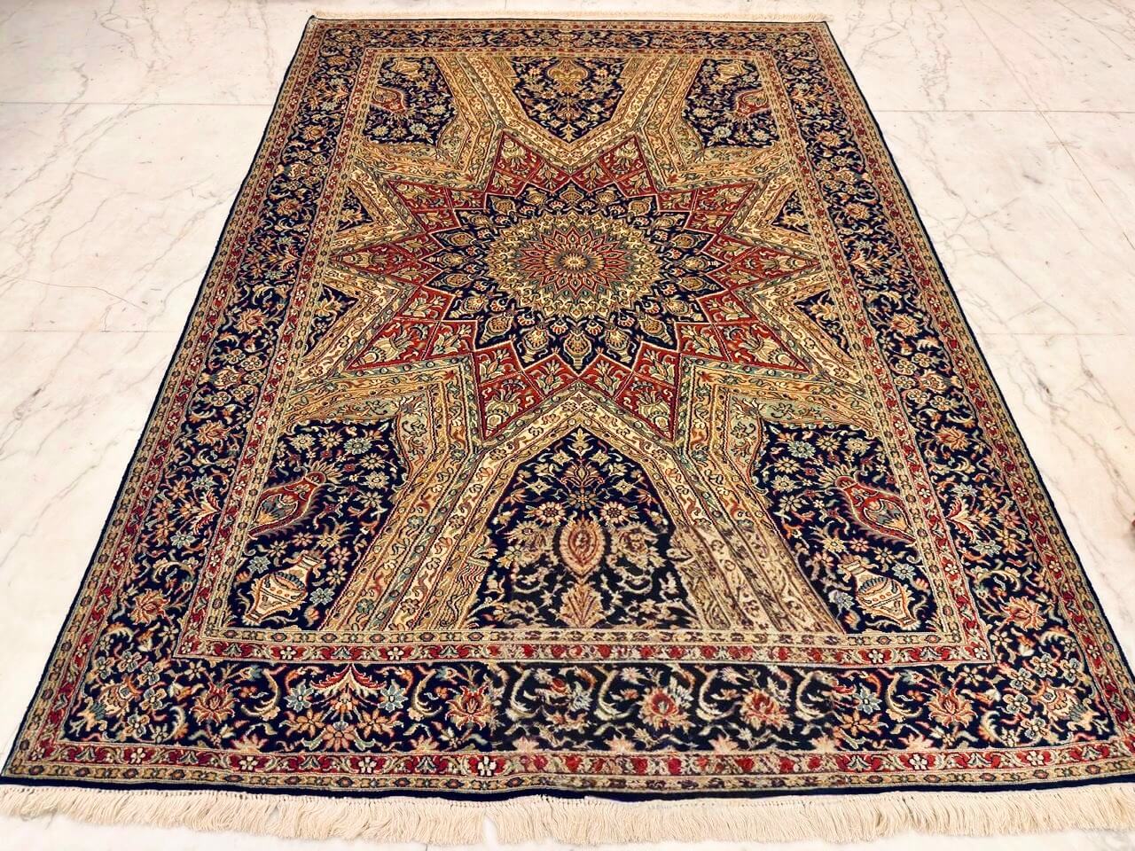 Hand-knotted Kashmiri pure silk rug in Scarlet Star Kashan pattern with elegant Blue highlights. 6x4 feet, 972,000 knots.