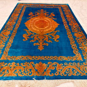 Ultramarine Blue Ravar Kerman Hand-Knotted Pure Silk Rug Hand-knotted Kashmiri pure silk rug in Ultramarine Blue Ravar Kerman pattern with elegant Blue highlights. 6x4 feet, 972,000 knots.