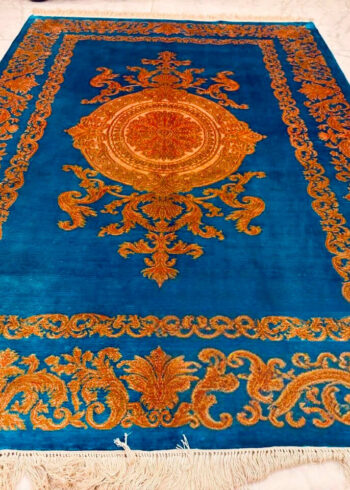 Hand-knotted Kashmiri pure silk rug in Ultramarine Blue Ravar Kerman pattern with elegant Blue highlights. 6x4 feet, 972,000 knots.