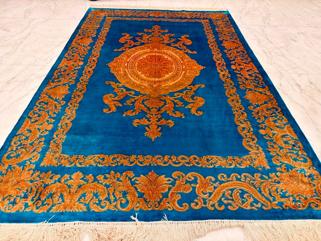 Hand-knotted Kashmiri pure silk rug in Ultramarine Blue Ravar Kerman pattern with elegant Blue highlights. 6x4 feet, 972,000 knots.