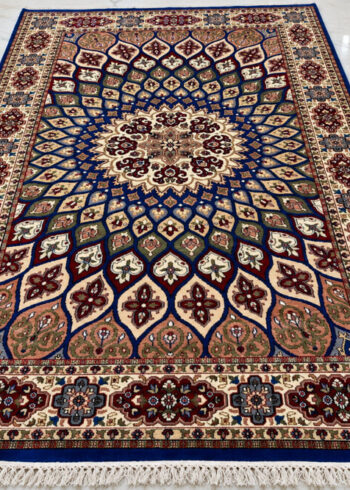Antique Cobalt Shahzaneen wool-silk rug with a blue background, measuring 6 x 4 feet.