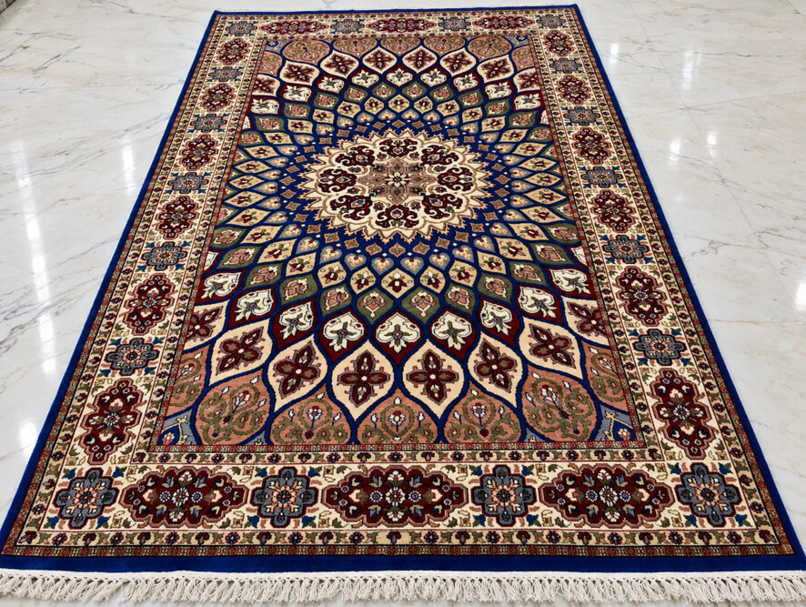 Antique Cobalt Shahzaneen wool-silk rug with a blue background, measuring 6 x 4 feet.