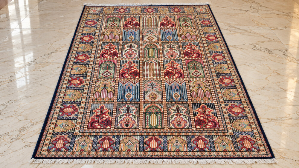 Arabesque Shalimar-Hamadan wool-silk rug with a beige background, measuring 6 x 4 feet.