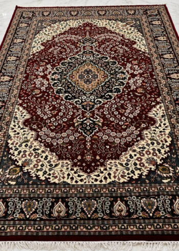 Black Cherry Mousel wool-silk rug with a maroon background, measuring 6 x 4 feet.