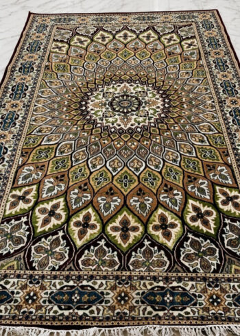 Burnished Copper Shahzaneen wool-silk rug with a black background, measuring 6 x 4 feet.