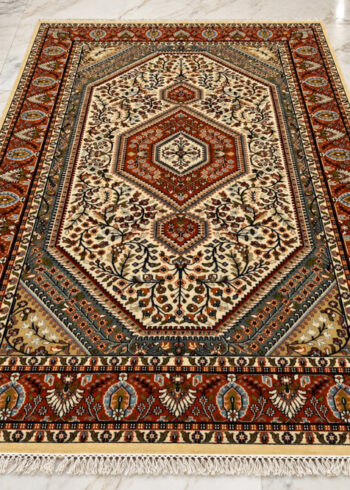 Caspian Ember Kazvin wool-silk rug with a ivory background, measuring 6 x 4 feet.