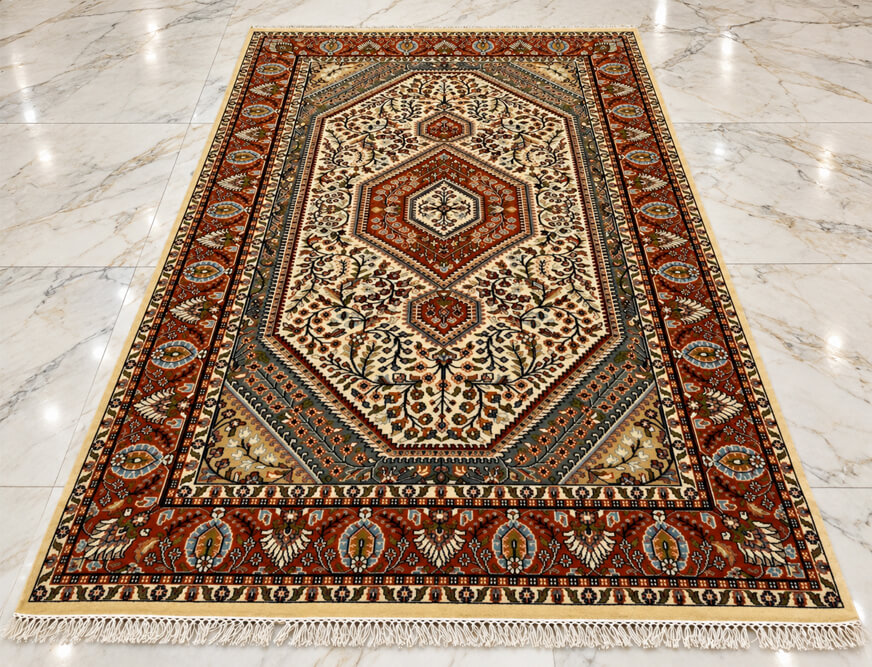 Caspian Ember Kazvin wool-silk rug with a ivory background, measuring 6 x 4 feet.