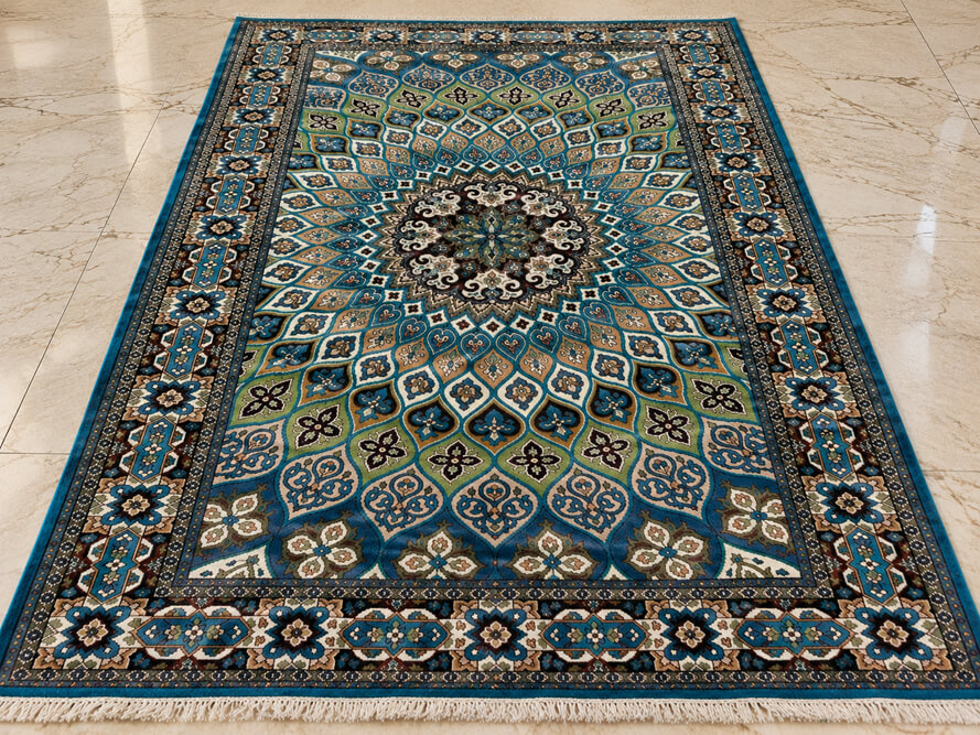 Cerulean Jewel Shahzeen wool-silk rug with a turquoise blue background, measuring 6 x 4 feet.