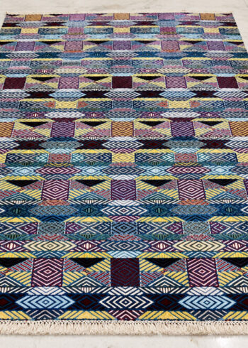 Chromatic Rhythm Kaleido wool-silk rug with a navy blue background, measuring 6 x 4 feet.