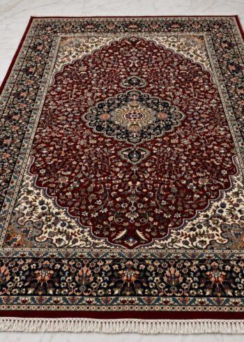Claret Rose Kashan wool-silk rug with a wine red background, measuring 6 x 4 feet.