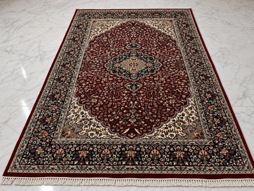 Claret Rose Kashan wool-silk rug with a wine red background, measuring 6 x 4 feet.