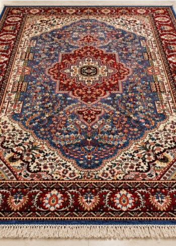 Cobalt Majesty Tabriz wool-silk rug with a turquoise background, measuring 6 x 4 feet.