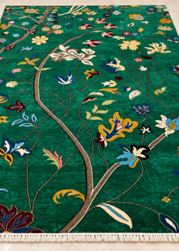 Emerald Bloom Tree-of-Life wool-silk rug with a green background, measuring 6 x 4 feet.